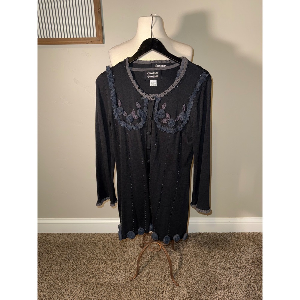 Sweater Sweater Black Embellished Floral Ruffle Button Front Cardigan‎ Size S